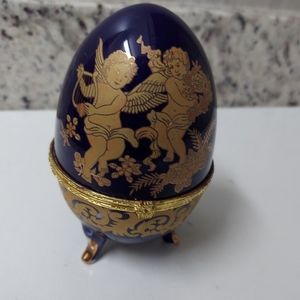 Porcelain Egg Trinket Box Blue Gold Angel Floral